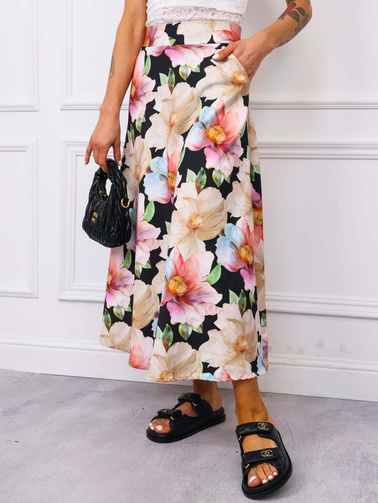 SPÓDNICA MIDI W KWIATY- CZARNA