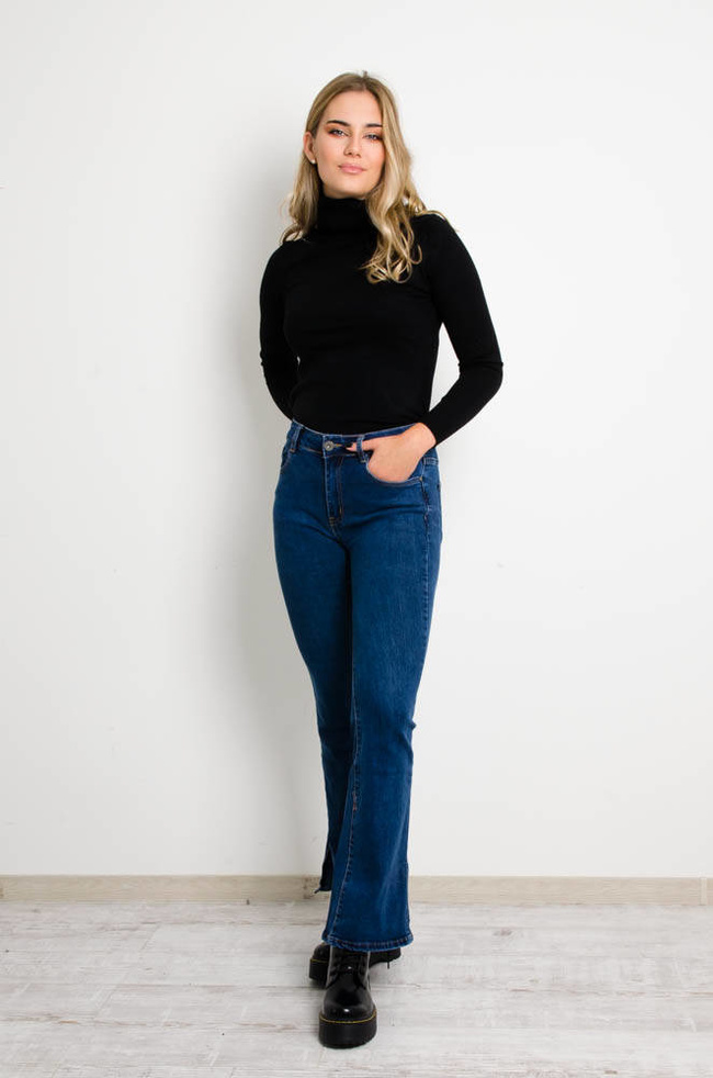 NIEBIESKIE SPODNIE JEANSOWE DZWONY Z ROZCIĘCIEM