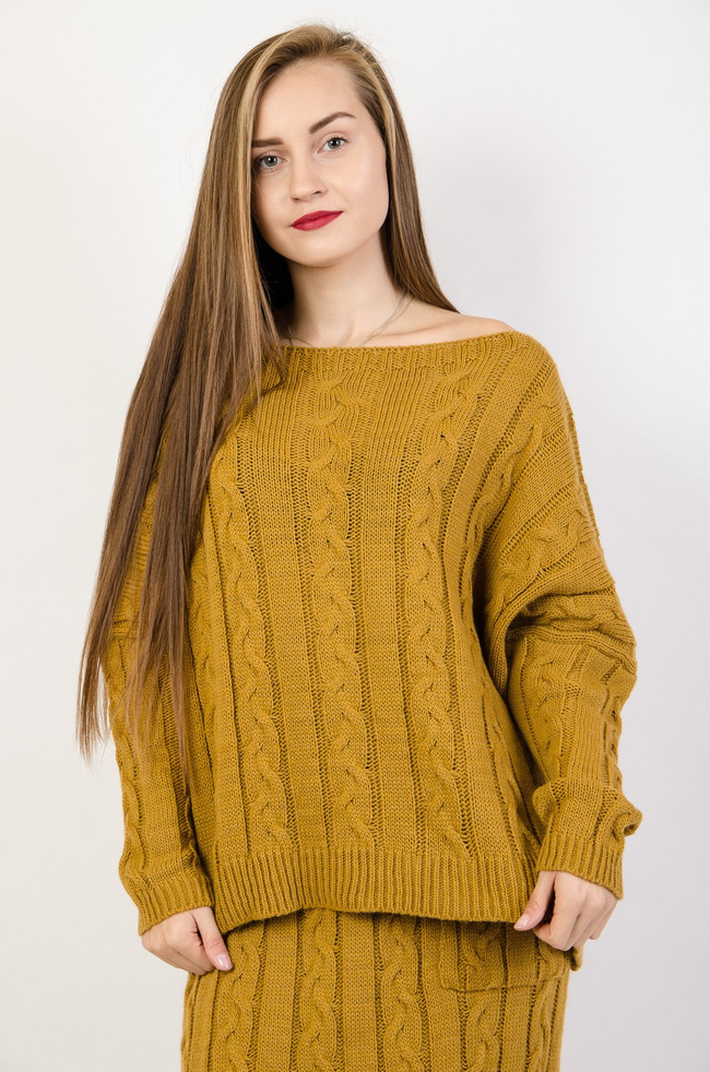 Musztardowy komplet spódnica + sweter 