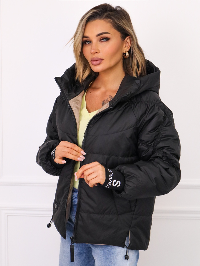 KURTKA Z OZDOBNYMI PRZESZYCIAMI NA RĘKAWACH I PRZEDŁUŻANYM ŚCIĄGACZEM- CZARNA