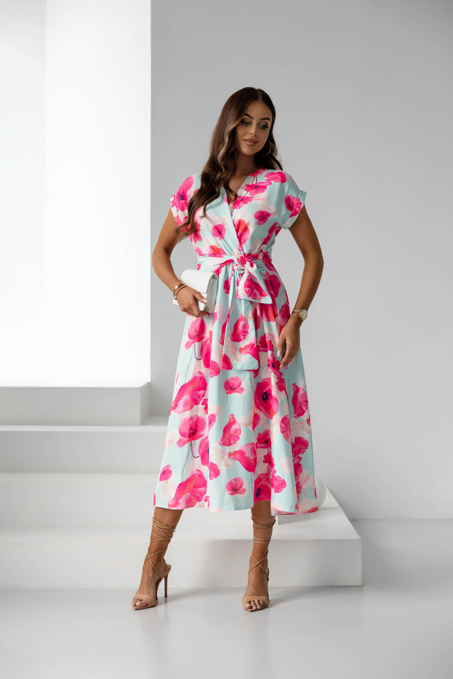 SUKIENKA KOPERTOWA MIDI W KWIATY Z WIĄZANIEM- FUKSJA