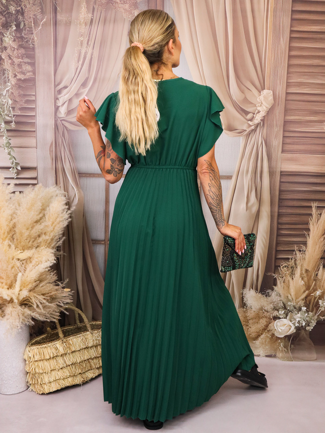SUKIENKA MAXI PLISOWANA Z FALBANAMI PRZY RĘKAWACH- ZIELONA