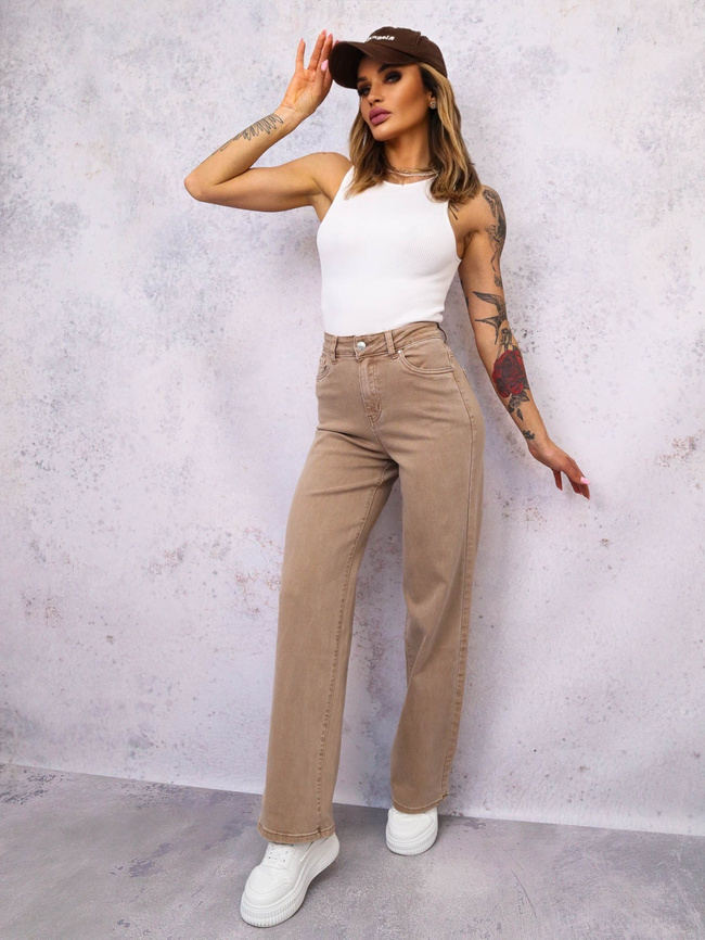JASNY BRĄZOWE SPODNIE JEANSOWE Z SZEROKIMI NOGAWKAMI