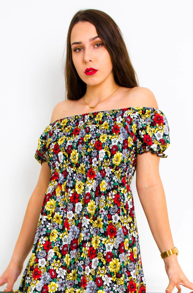 CZARNA DŁUGA SUKIENKA HISZPANKA W KWIATY