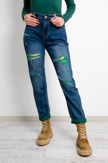 CIEMNE JEANSY MOM FIT Z ZIELONYMI PRZETARCIAMI