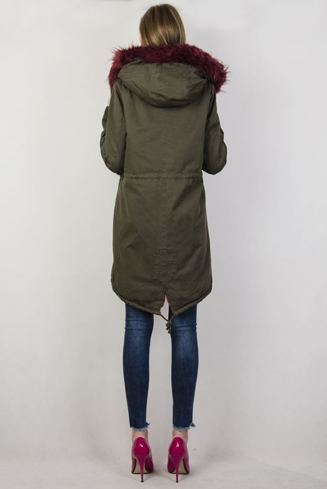 Kurtka khaki typu parka z bordowym futerkiem