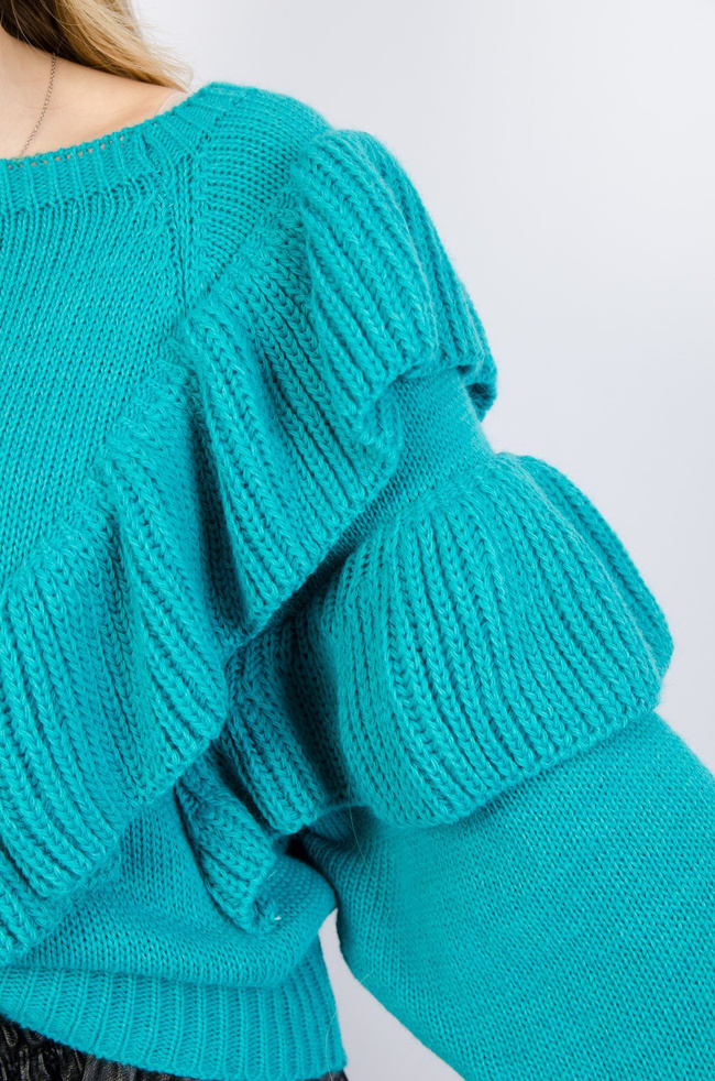 TURKUSOWY SWETER Z FALBANAMI