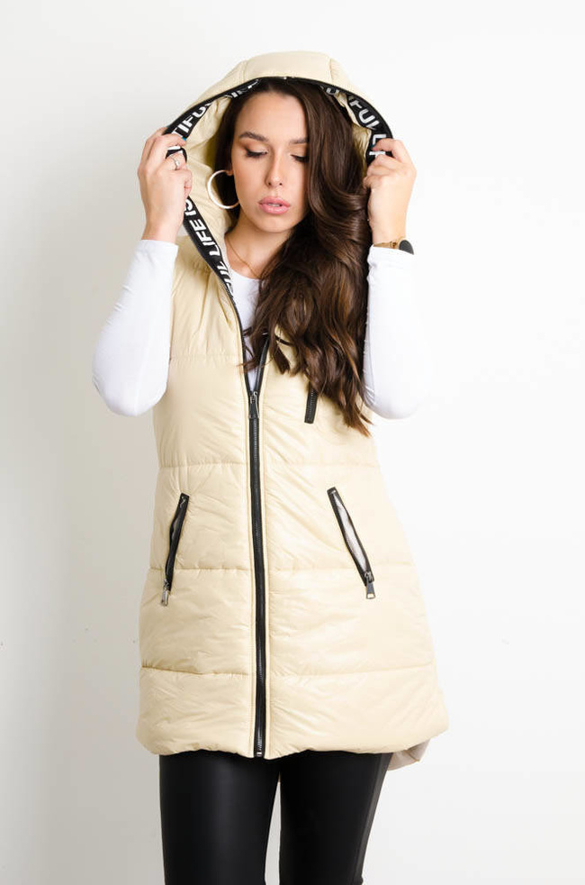 BEŻOWA DŁUGA KAMIZELKA Z KAPTUREM