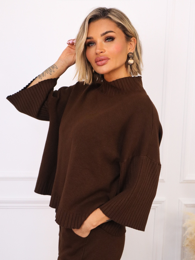 KOMPLET DZIANINOWY SWETER+ SPODNIE- CZEKOLADOWY