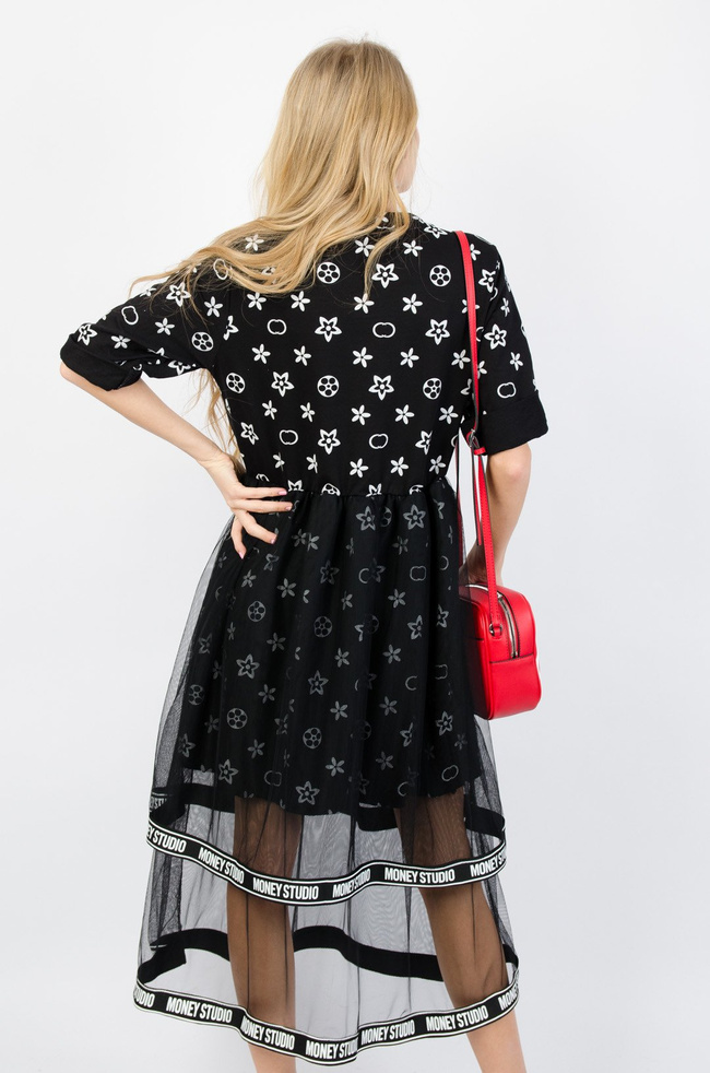 CZARNA SUKIENKA DZIANINOWA Z TIULEM 