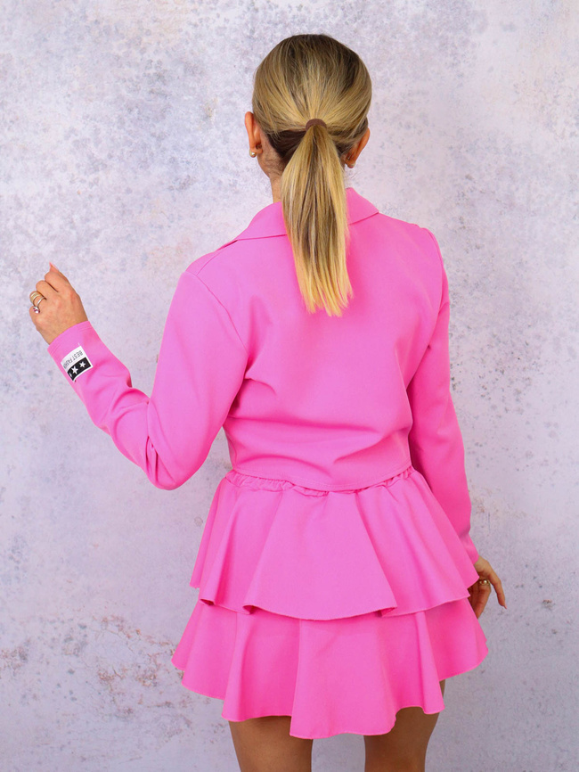 KOMPLET KRÓTKA MARYNARKA+ SPÓDNICO-SPODENKI Z FALBANAMI- CIEMNY RÓŻ