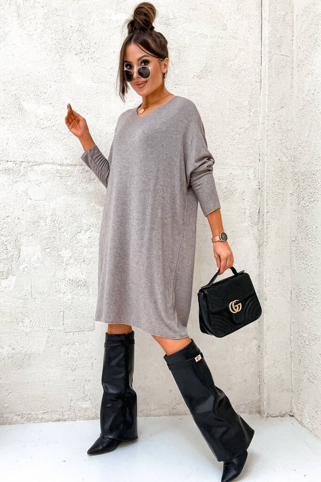 SUKIENKA MIDI OVERSIZE Z DEKOLTEM W SEREK- JASNY SZARY