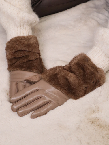RĘKAWICZKI OCIEPLANE Z EKOSKÓRY I ZAMSZU Z FUTERKIEM- BRĄZOWE