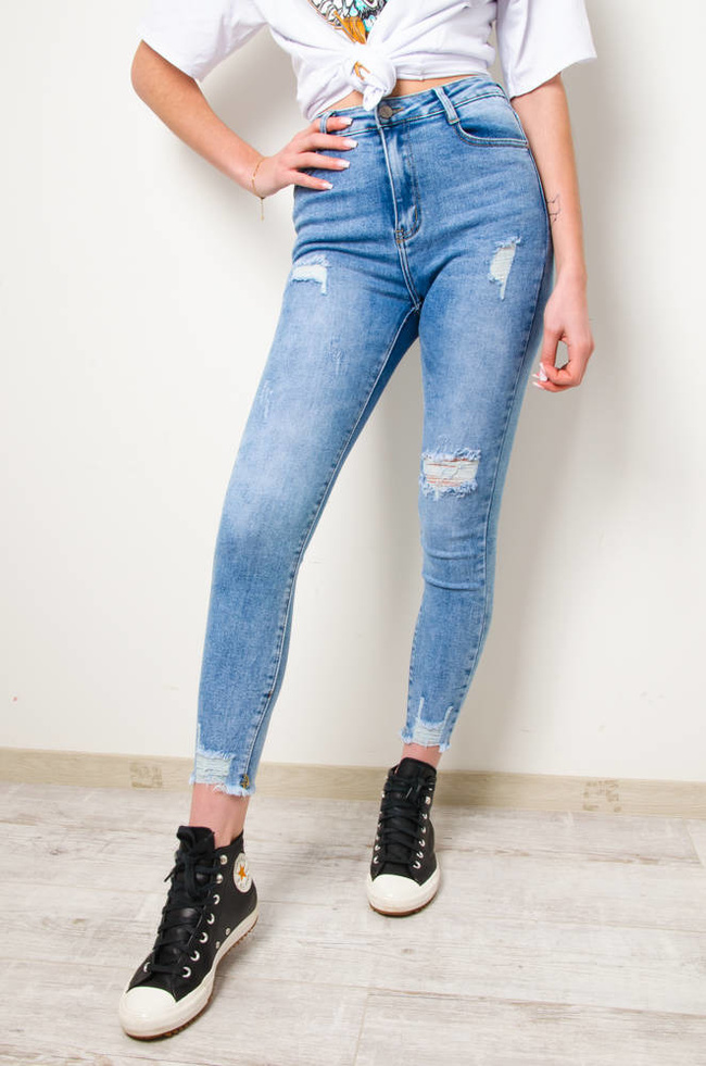 JASNE SPODNIE JEANSOWE Z PRZETARCIAMI-WYSOKI STAN 