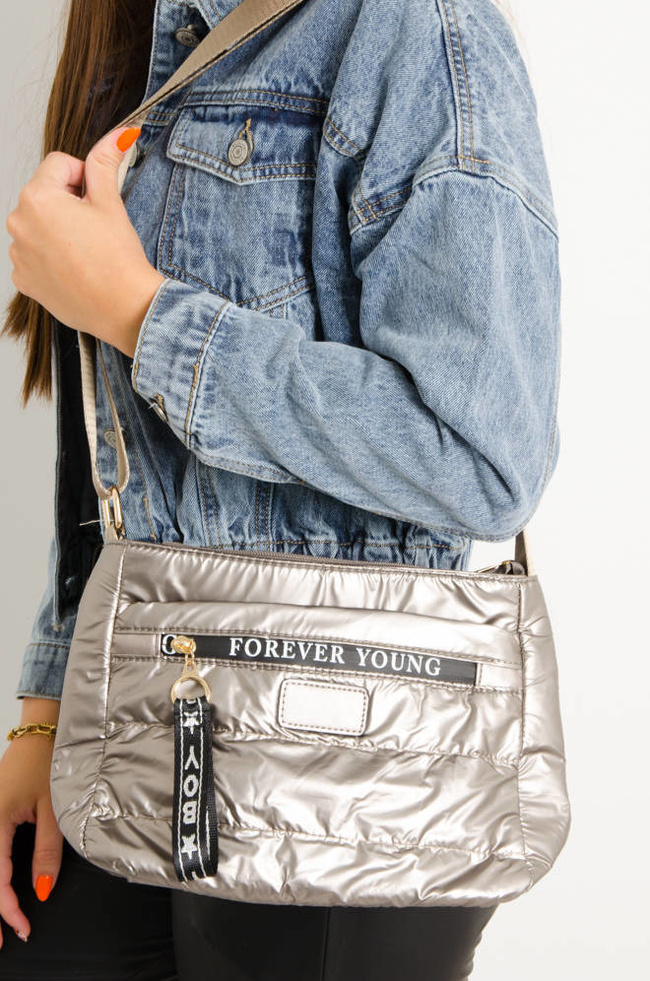 TOREBKA PIKOWANA Z MATERIAŁOWYM PASKIEM- SREBRNA