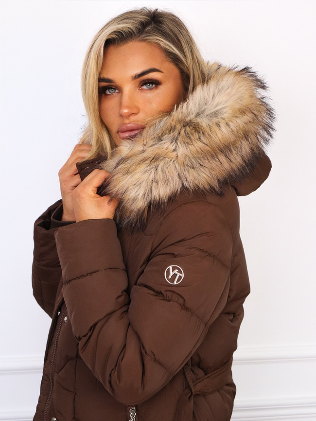 DŁUGA KURTKA PŁASZCZ WIĄZANY W PASIE Z FUTERKIEM- CZEKOLADOWA