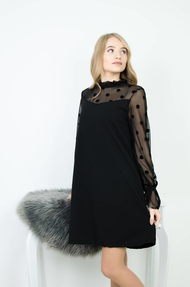 CZARNA SUKIENKA Z TIULOWĄ GÓRĄ I RĘKAWAMI W GROCHY