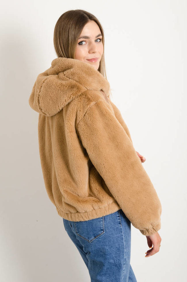 BRĄZOWA FUTRZANA KURTKA Z KAPTUREM
