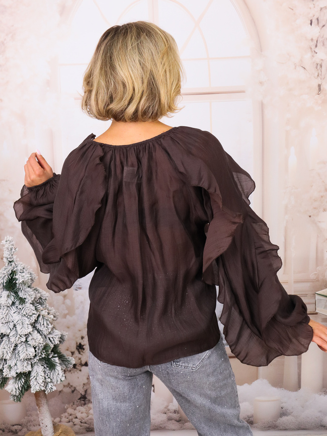 KOSZULA Z FALBANAMI ZAPINANA NA GUZIKI- CZEKOLADOWA