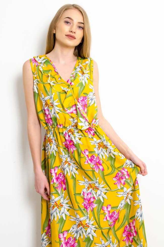 ŻÓŁTA SUKIENKA MAXI W KWIATY Z FALBANKĄ W DEKOLCIE