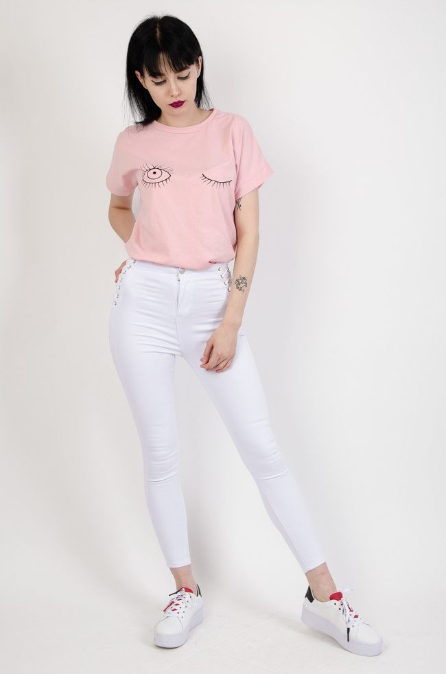 Białe jeansowe spodnie modelujące z wiązaniem na boku