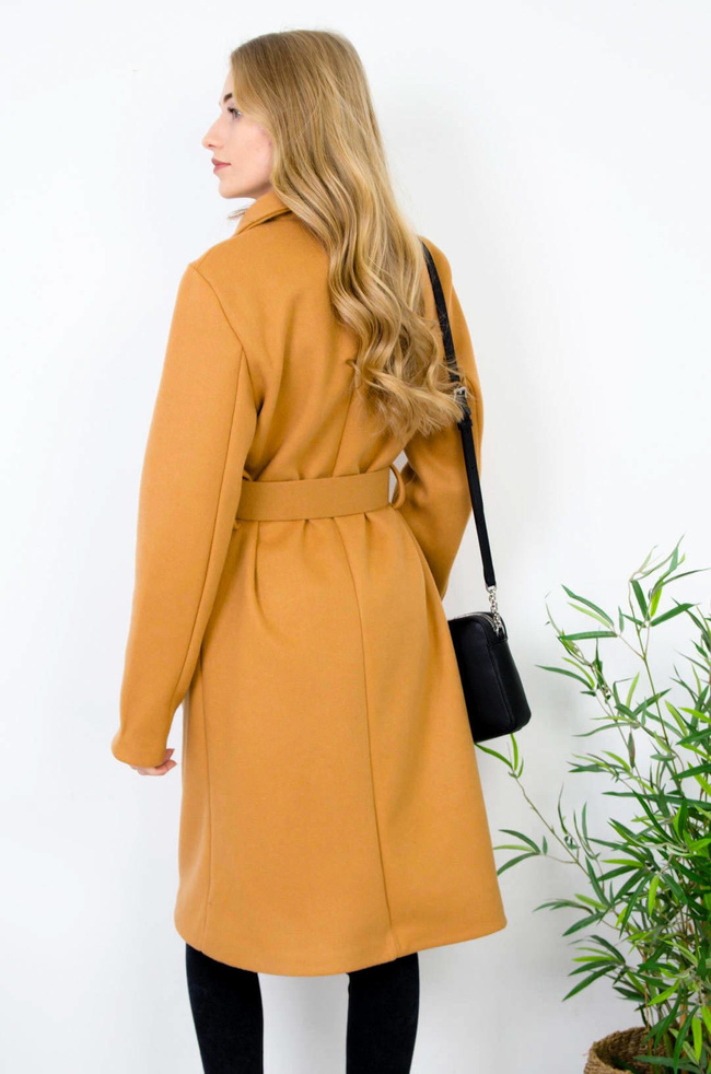 DŁUGI BRĄZOWY TALIOWANY PŁASZCZ 