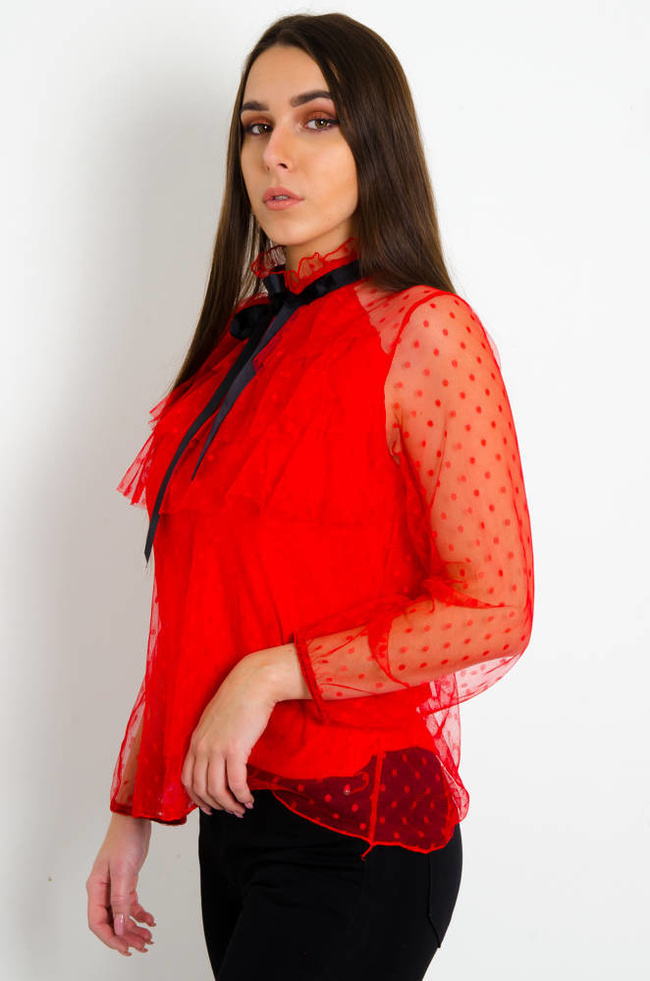 CZERWONA TIULOWA BLUZKA W KROPKI Z WIĄZANIEM 