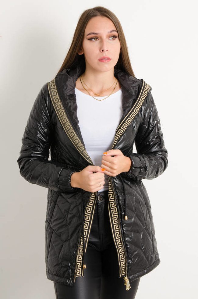 KURTKA ASYMETRYCZNA PIKOWANA WIĄZANA W PASIE- CZARNA