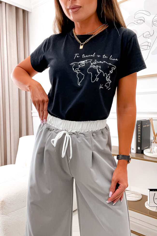 SPODNIE Z SZEROKIMI NOGAWKAMI I KONTRASTOWĄ GUMĄ W PASIE- SZARE