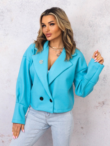 KRÓTKI PŁASZCZ Z KOŁNIERZEM I OZDOBNĄ BROSZKĄ- TURKUSOWY