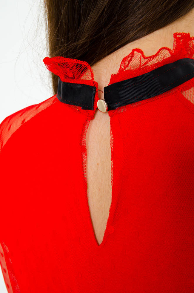 CZERWONA TIULOWA BLUZKA W KROPKI Z WIĄZANIEM