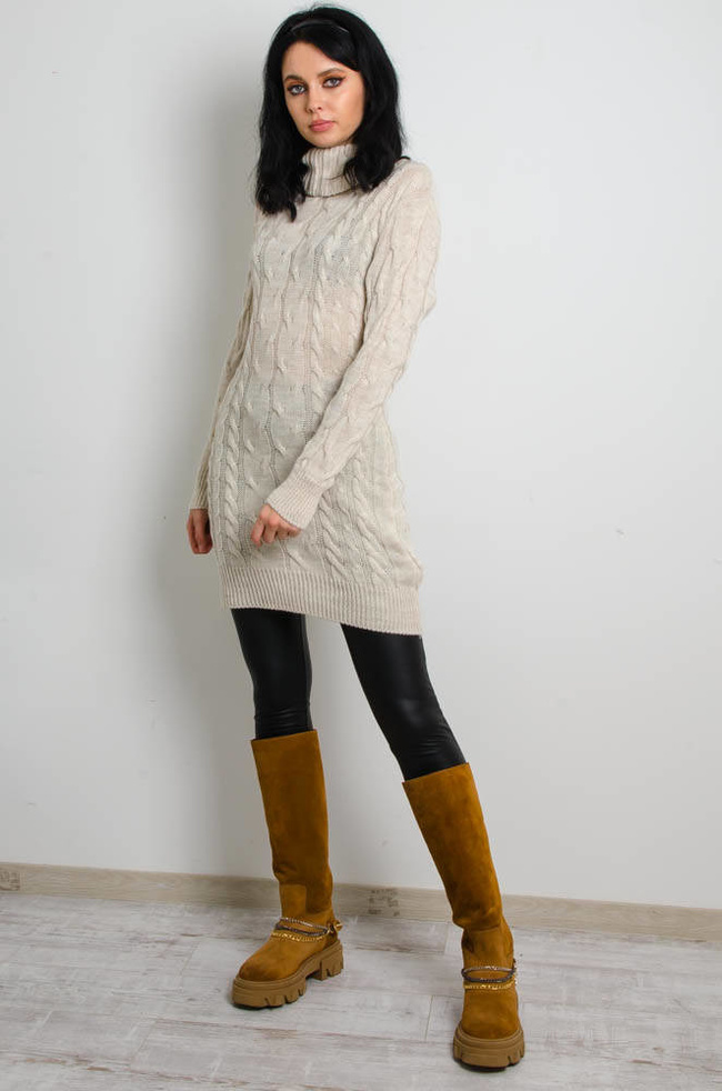 BEŻOWA SWETERKOWA SUKIENKA Z GOLFEM