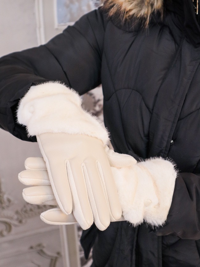 RĘKAWICZKI OCIEPLANE Z EKOSKÓRY I ZAMSZU Z FUTERKIEM- BEŻOWE