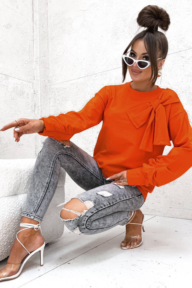 BLUZA Z OZDOBNĄ KOKARDĄ I MARSZCZENIAMI NA RĘKAWACH- POMARAŃCZOWA