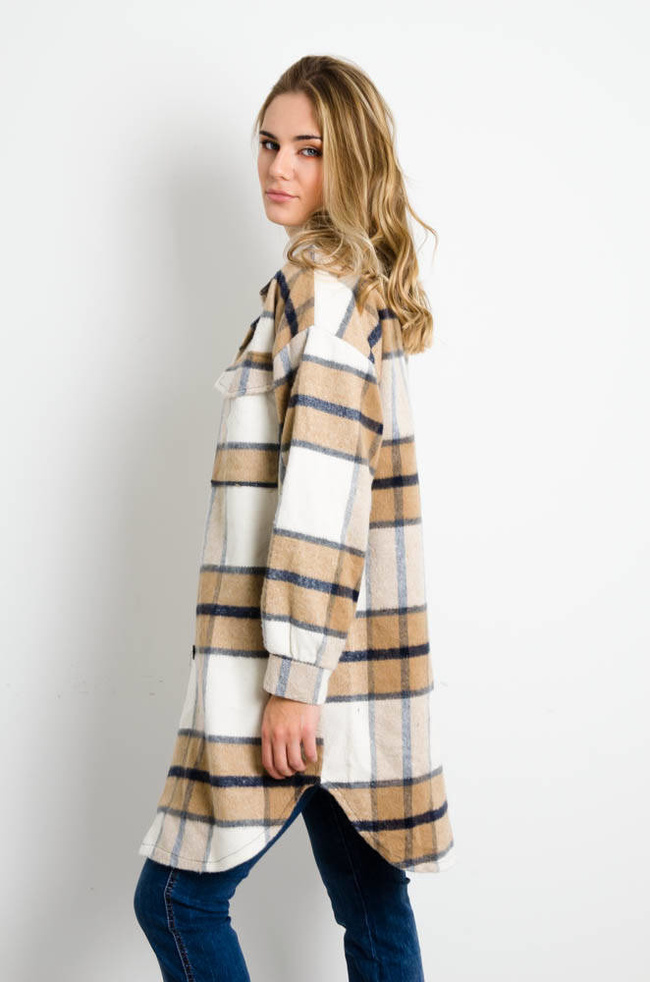 BEŻOWA FLANAELOWA KURTKA KOSZULOWA W KRATĘ 