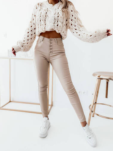 WOSKOWANE SPODNIE Z WYSOKIM STANEM I GUZIKAMI- BEŻOWY