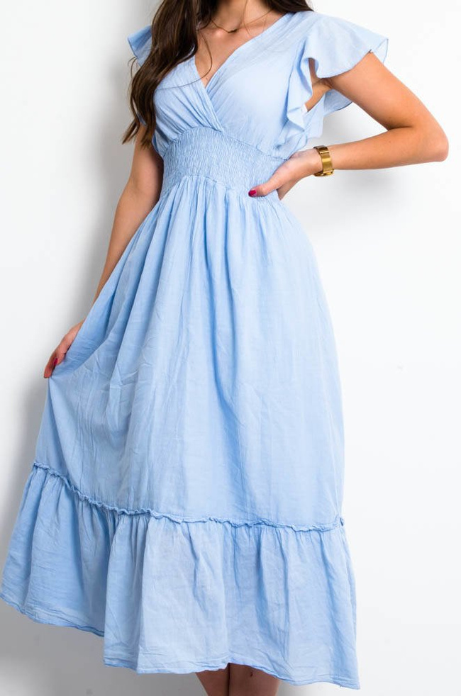 NIEBIESKA DŁUGA MUŚLINOWA SUKIENKA NA ZAKŁĄDKĘ