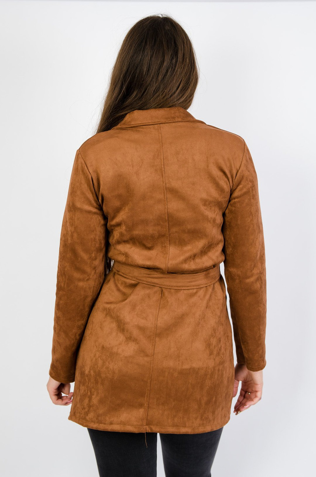 Brązowy płaszcz z imitacji zamszu