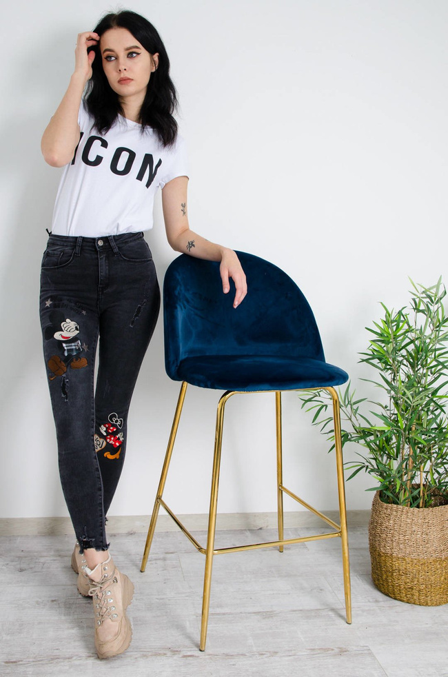 CIEMNO-SZARE SPODNIE JEANSOWE Z NASZYWKĄ MYSZKI - WYSOKI STAN