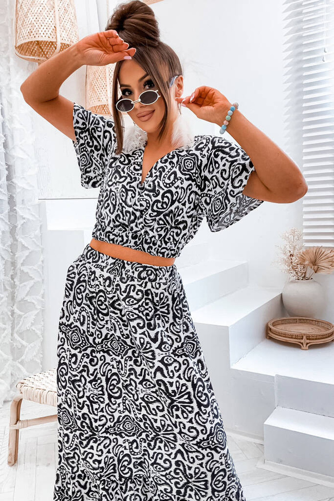 WZORZYSTY KOMPLET SPÓDNICA MAXI+WIĄZANY TOP- CZARNY
