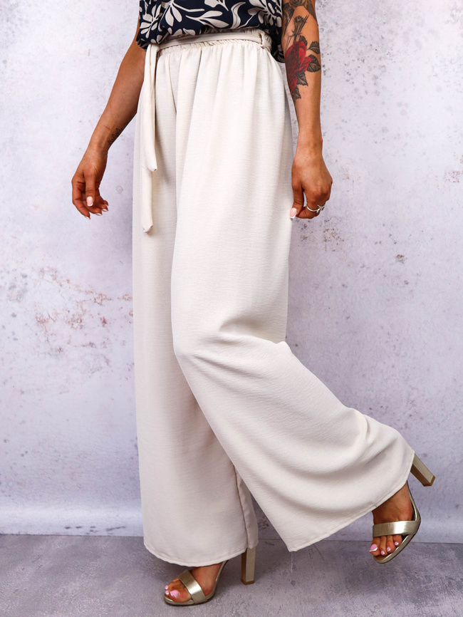 SPODNIE SZEROKIE Z GUMĄ I WIĄZANIEM W PASIE- BEŻOWE