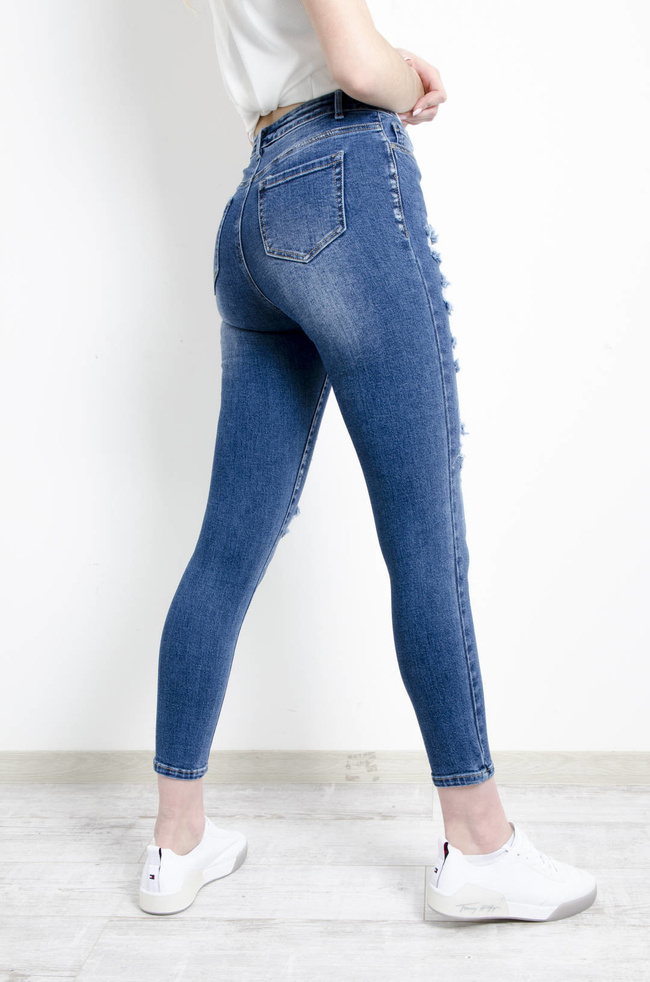 JEANSOWE PRZYLEGAJĄCE SPODNIE Z PRZETARCIAMI- WYSOKI STAN