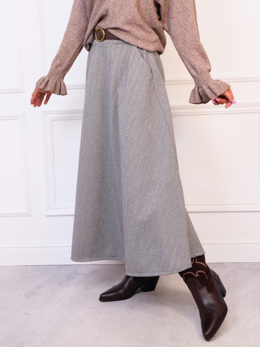 SPÓDNICA DZIANINOWA ROZKLOSZOWANA Z PASKIEM- SZARA