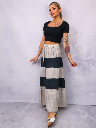 SPÓDNICA MAXI Z ŁĄCZONYCH MATERIAŁÓW+ PASEK- CZARNA