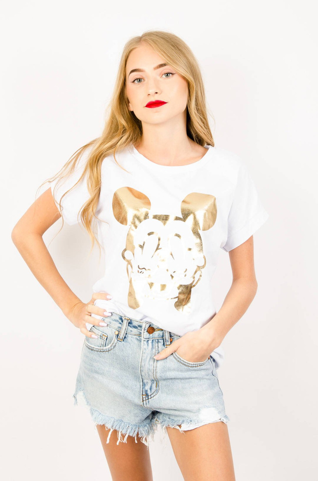 BAŁY T-SHIRT ZE ZŁOTYM NADRUKIEM