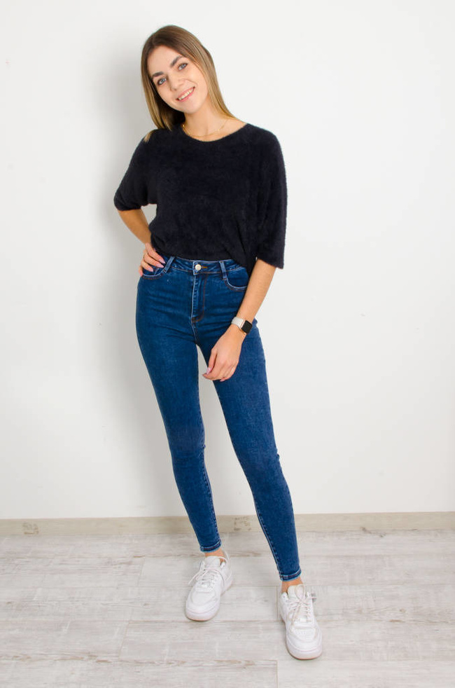 NIEBIESKIE SPODNIE JEANSOWE PUSH UP Z PRZETARCIAMI- BARDZO WYSOKI STAN