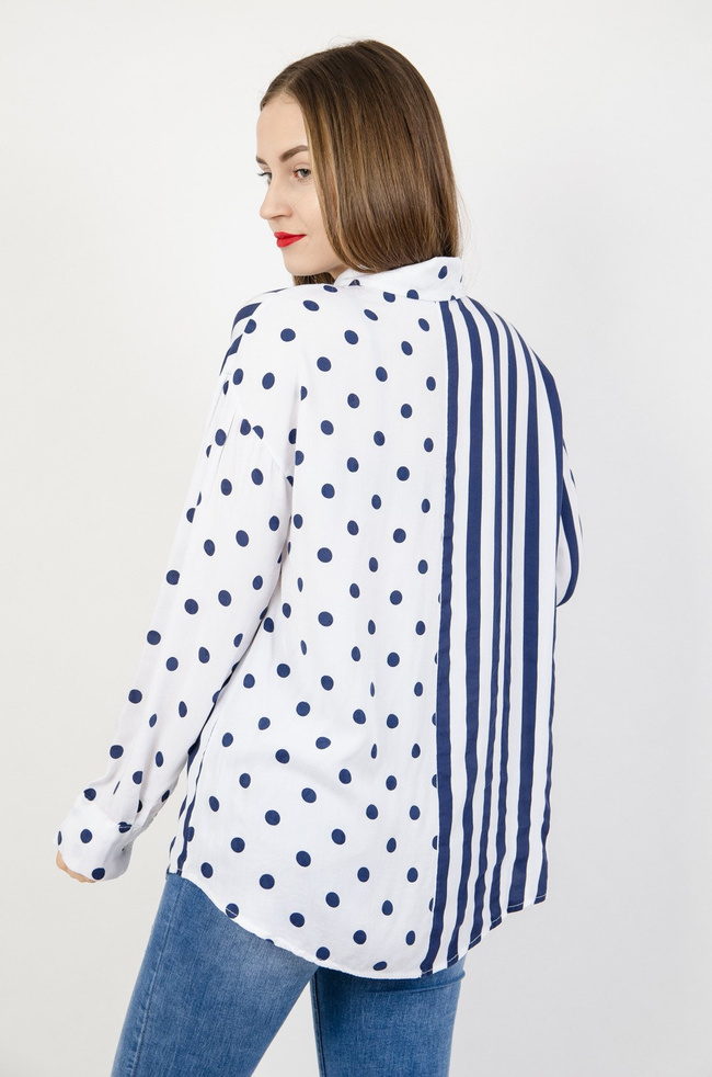 Biała koszula w granatowe grochy i pasy 