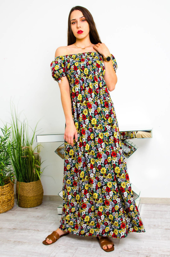 CZARNA DŁUGA SUKIENKA HISZPANKA W KWIATY