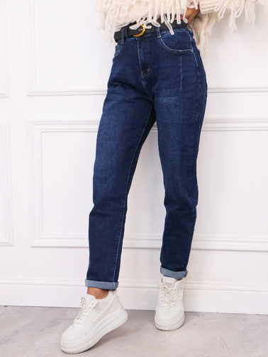 SPODNIE JEANSOWE PLUS SIZE MOM FIT Z PRZESZYCIAMI PRZY KIESZENIACH+ PASEK