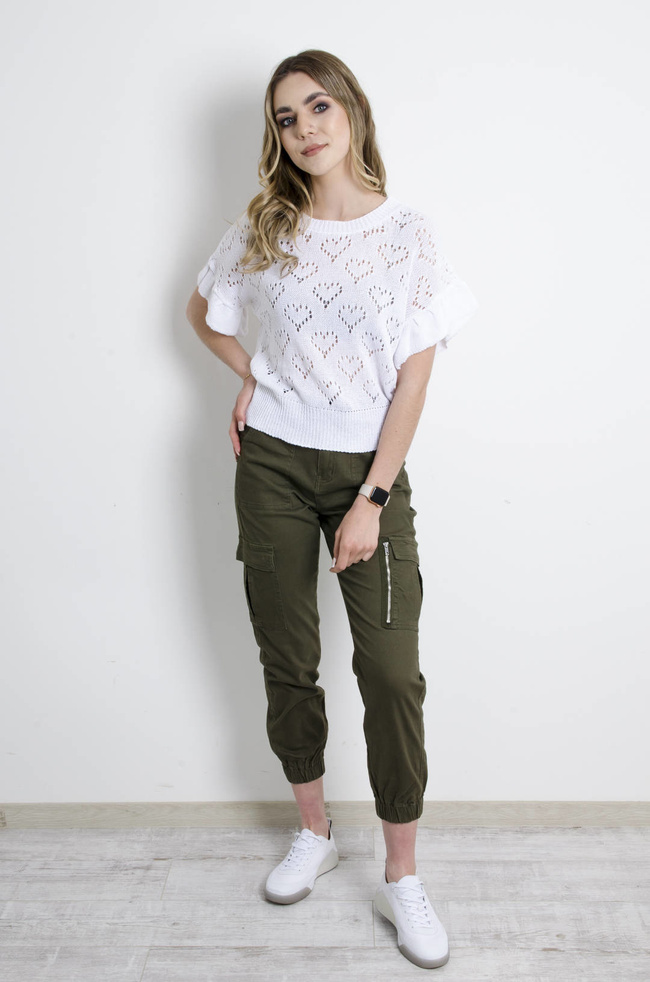 SWETEREK W SERDUSZKA AŻUROWY Z FALBANAMI PRZY RĘKAWACH- BIAŁY